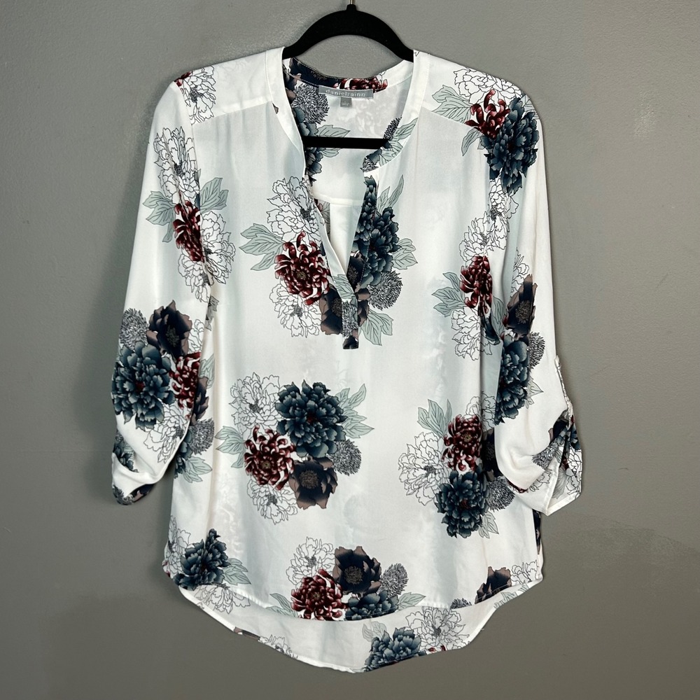 Daniel Rainn Top Women's Large Floral V-Neck‎ Roll-Tab Sleeve